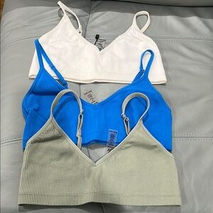 Set of Three Ribbed Bralettes - White, Blue, and Green